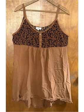 Umgee Brown Leopard Print Linen Babydoll Dress Resort Boho Mixed Media Lagenlook